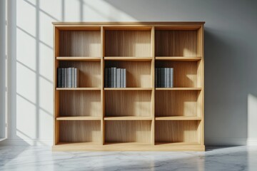 Fototapeta premium A light oak wooden bookcase with multiple shelves, some holding books, stands against a white wall.