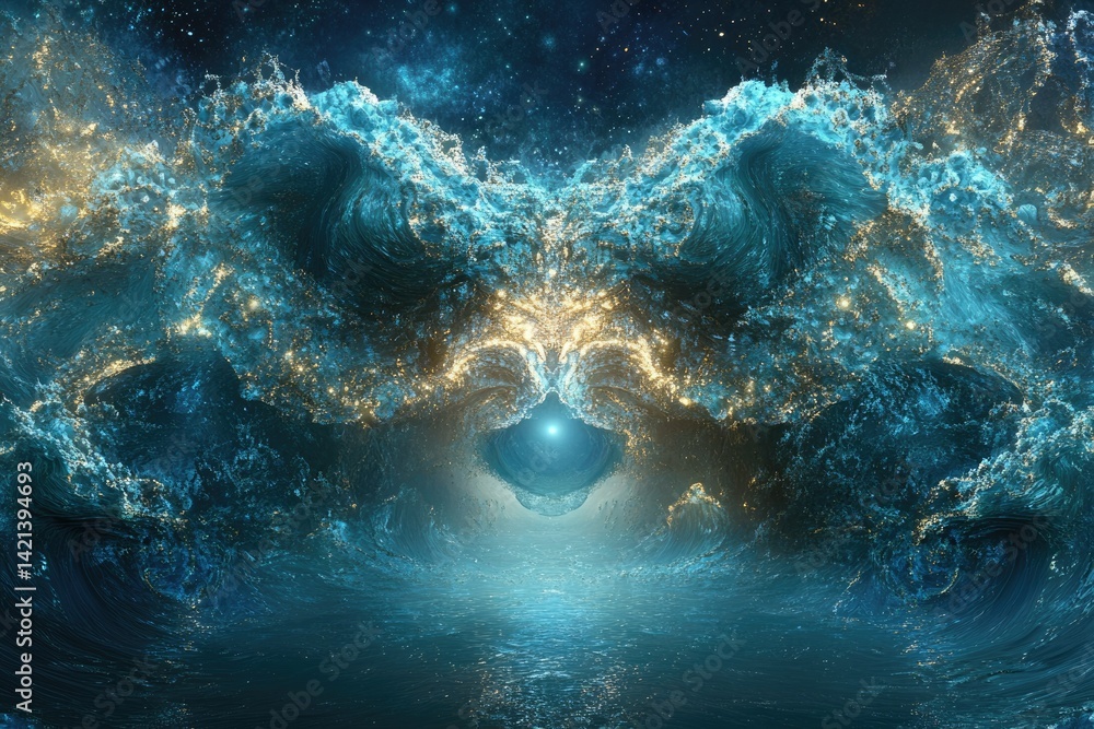 Poster a mesmerizing cosmic ocean scene with glowing waves forming a symmetrical portal to a bright light, 