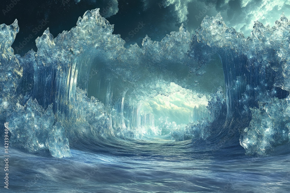 Poster a surreal icy ocean scene with towering crystalline waves creating a mystical passage.