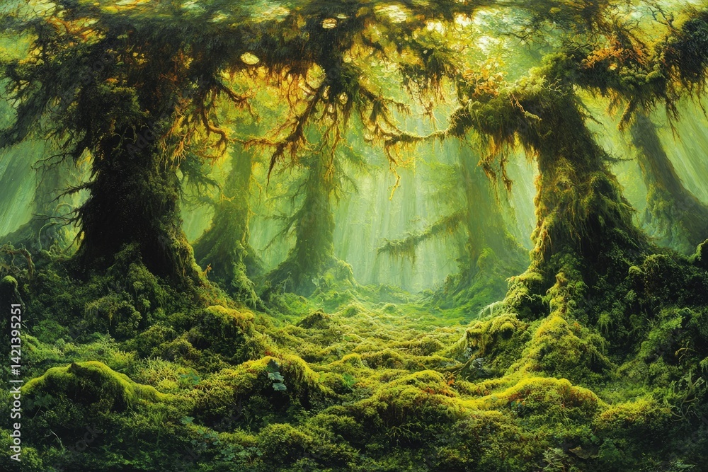 Poster sunbeams pierce a mystical moss-covered forest, creating an ethereal and enchanting scene.