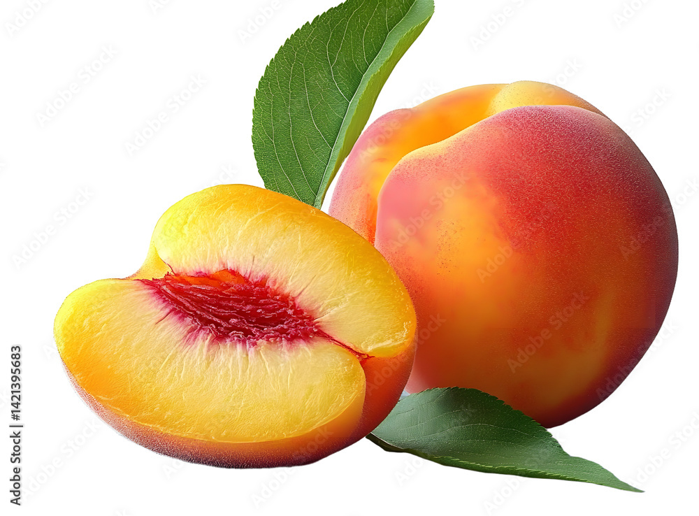 Poster peach isolated png. peach with a slice on transparent background. png format. peaches with leaf no b