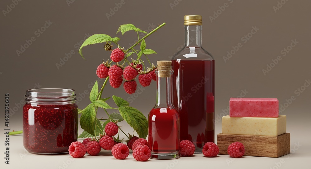 Poster raspberry rubus idaeus derivative products mockup displaying thorny stems aggregate fruits jam bottl