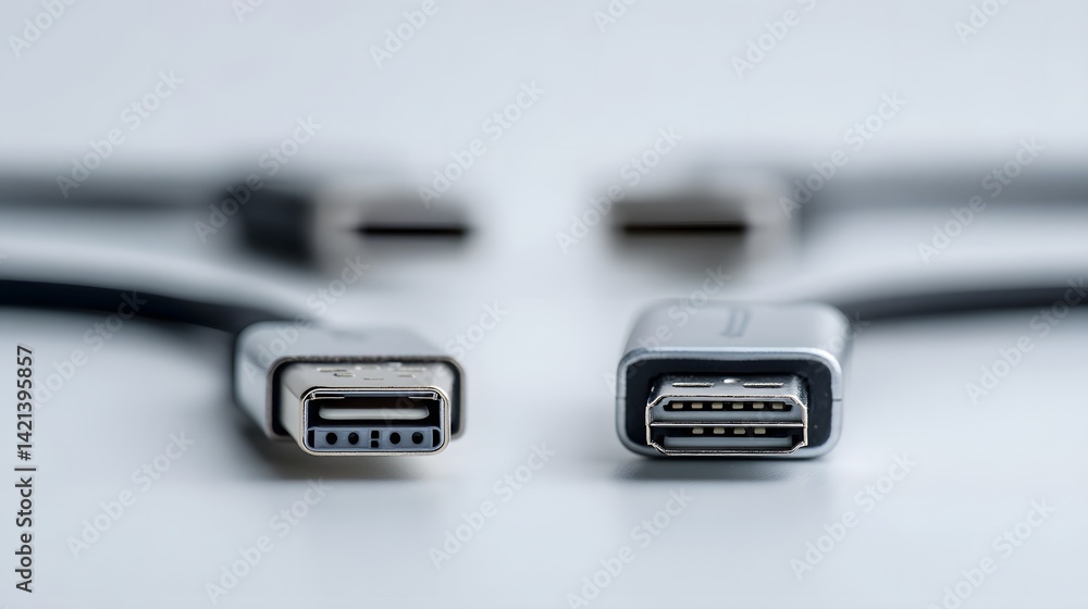 Aufkleber shot of a dual ended USB A and USB C cable with both connector tips facing the and isolated on a light background