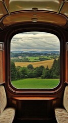 Luxury train interior with scenic rural view through window travel by rail countryside background and vintage carriage ambience