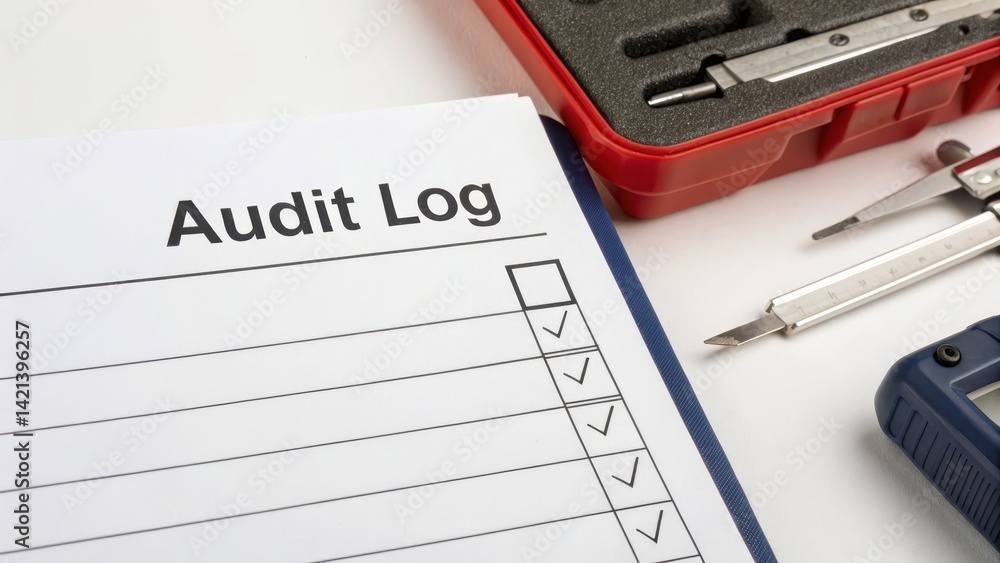 Poster equipment checklist checklist audit concept. audit log with tools for measurement and tracking perfo