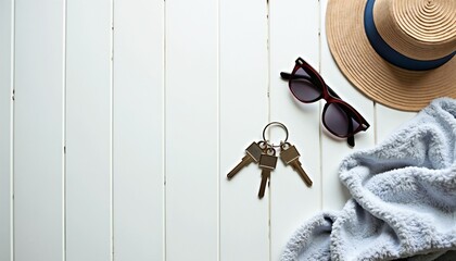 Straw hat, sunglasses, and keys closeup representing preparation for travel or relaxation