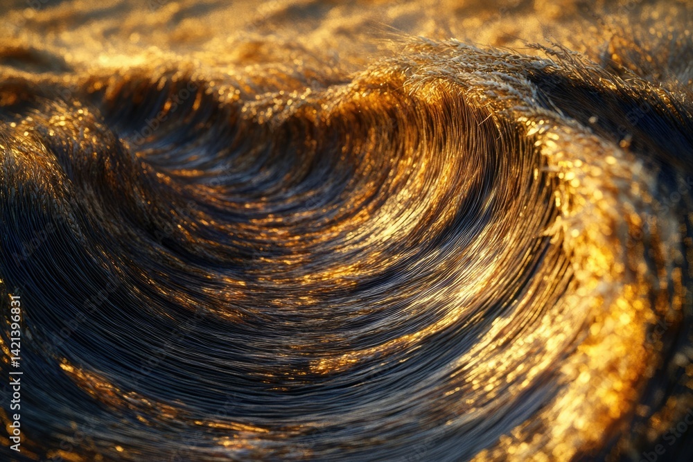Poster golden wave of water, illuminated by sunlight, creating a mesmerizing texture and abstract art.