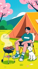 Fototapeta premium Man Grilling Meat by a Tent with a Dog