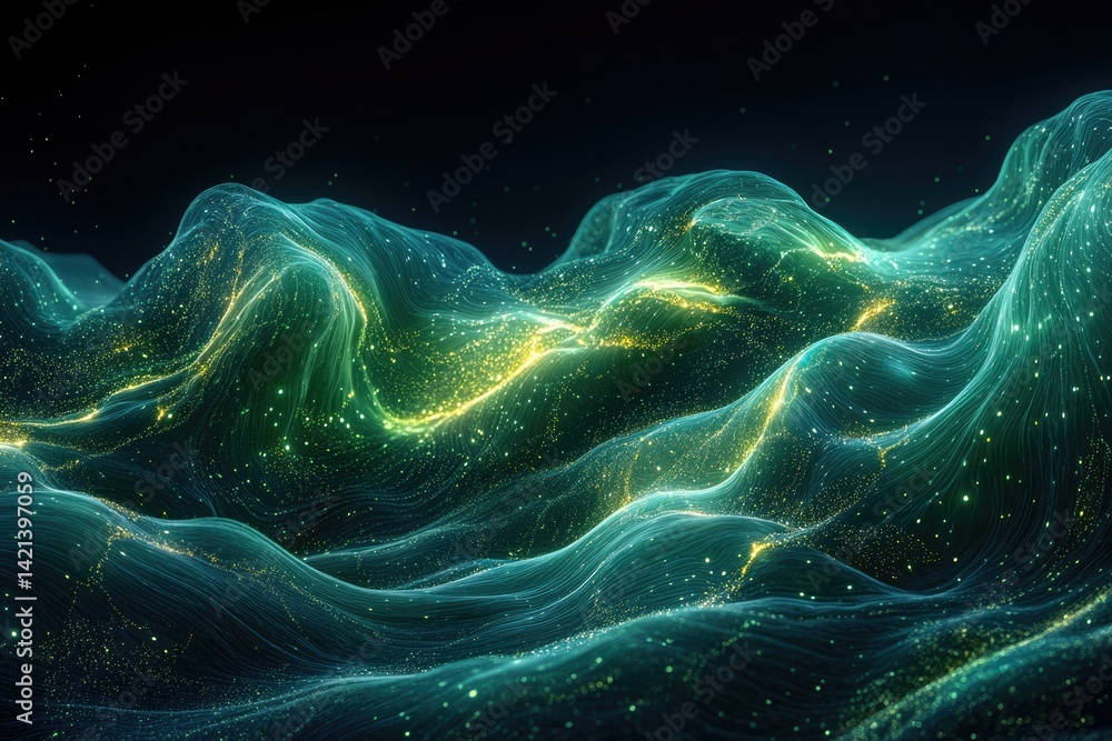 Poster abstract glowing teal and gold waves, resembling a digital landscape or data visualization.