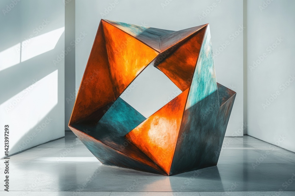 Poster Abstract geometric sculpture with intersecting orange and teal planes, creating a dynamic, three-dimensional form.