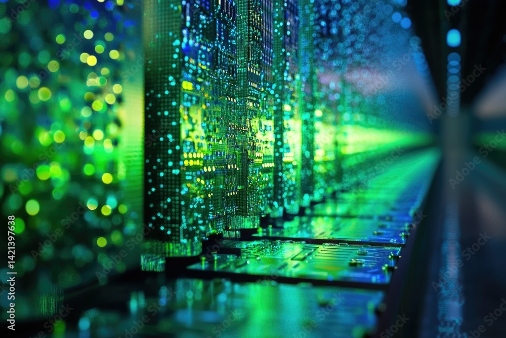 Poster Abstract representation of a data center, showcasing rows of glowing servers and complex circuitry.