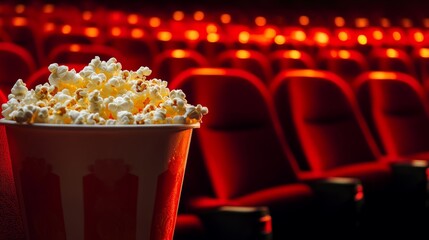 Movie time snack: delicious popcorn with red theater seating background 
