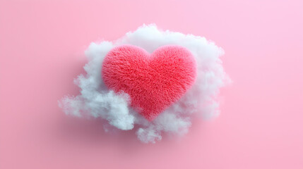 Pink Fluffy Heart on Clouds Against a Pastel Pink Background