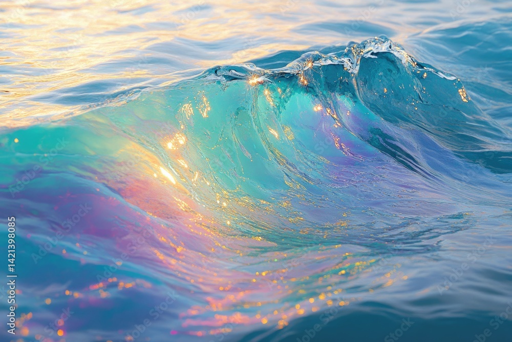 Poster A mesmerizing iridescent wave, sunlight refracting through the water, creating a vibrant spectrum of colors.