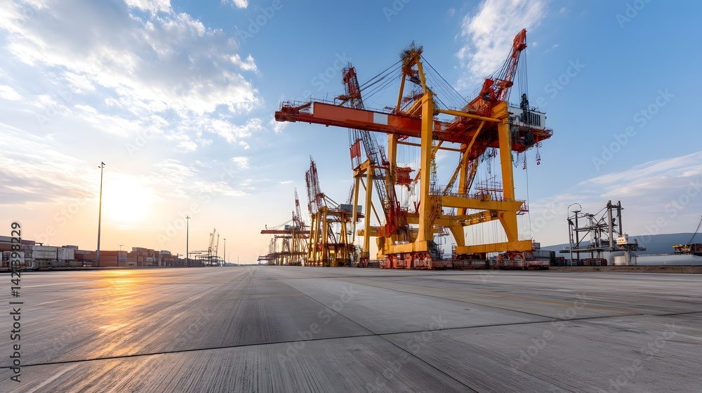 Leinwandbilder Wide angle view of a bustling commercial port with multiple large cranes in the scale and activity of a global shipping hub
