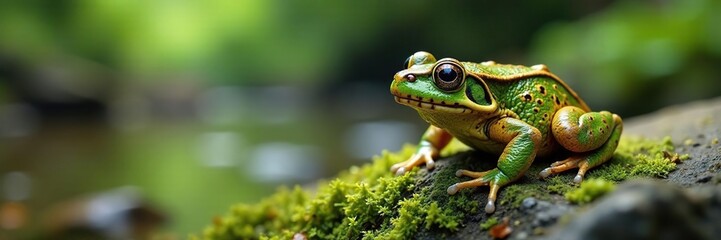 Obraz premium Camouflaged toad clings to moss-covered stream stone , forest, environment