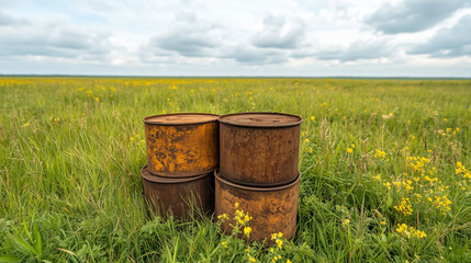 Obraz premium Rusty barrels in a vibrant green field under cloudy skies