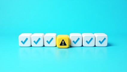 Checkmark Cubes with Warning Symbol Highlighting Success, Caution, and Risk Management on a Blue Background