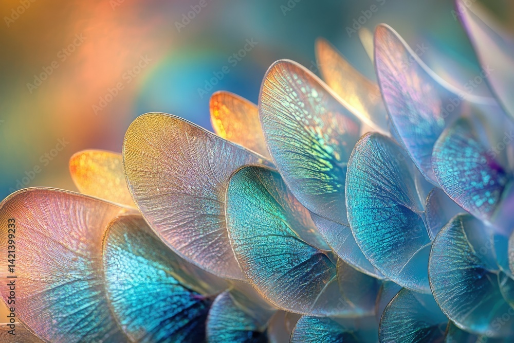 Fototapete iridescent, translucent wings with intricate vein patterns, creating a dreamy, ethereal aesthetic.