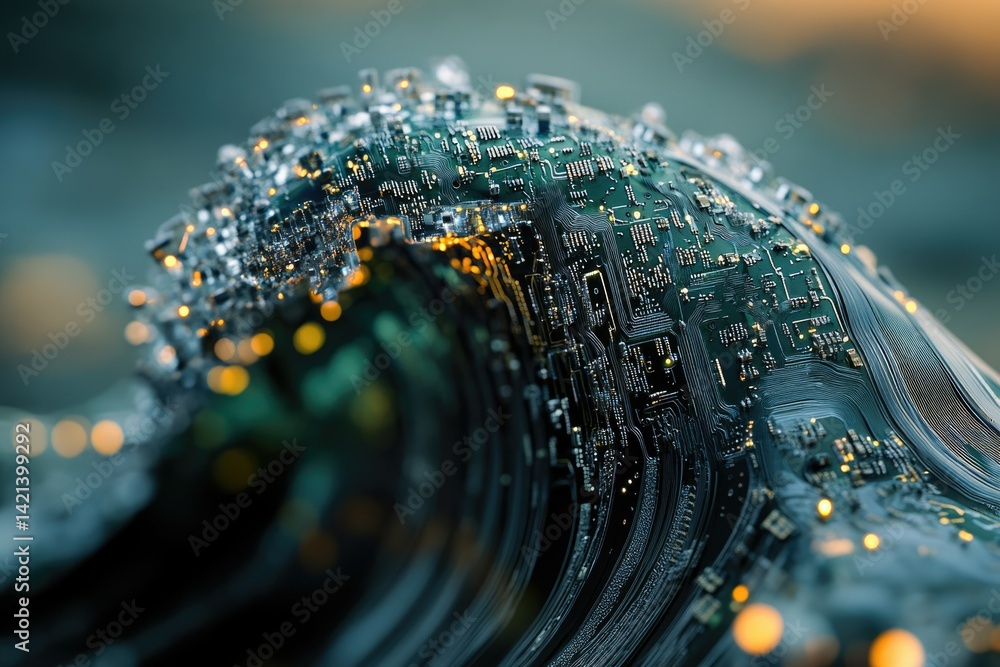 Poster Abstract 3D rendering of a circuit board shaped like a wave, representing digital technology and innovation.