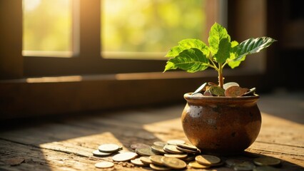 Money plant in pot near window with sunlight and coins
