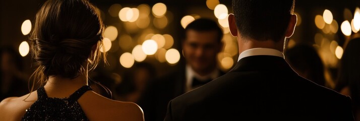 Elegant gala event with blurred lights: business professionals networking in a sophisticated setting with a golden bokeh background