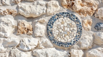 Rustic stone wall with mosaic medallion accent weathered texture background 