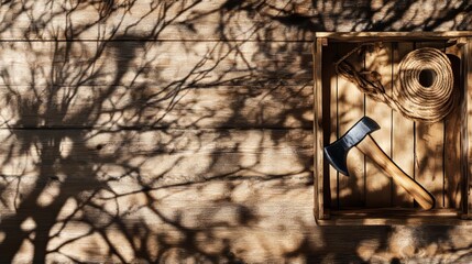 Rustic still life: axe and rope in wooden crate with tree branch shadow on wood background