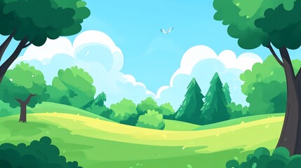 Obraz premium Springtime meadow landscape, lush trees, puffy clouds