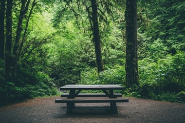 Picnic table in lush forest