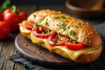 Crispy baguette, roasted peppers, melted cheese,  herb,  closeup, baguette