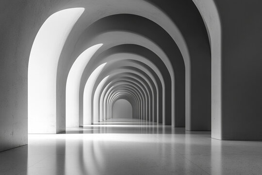 A long hallway with many arches sunlight streams through the openings creating a dramatic effect - Powered by Adobe