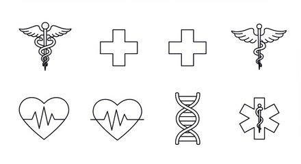 Minimalist Medical Icons: Caduceus, Red Cross, Heartbeat, DNA