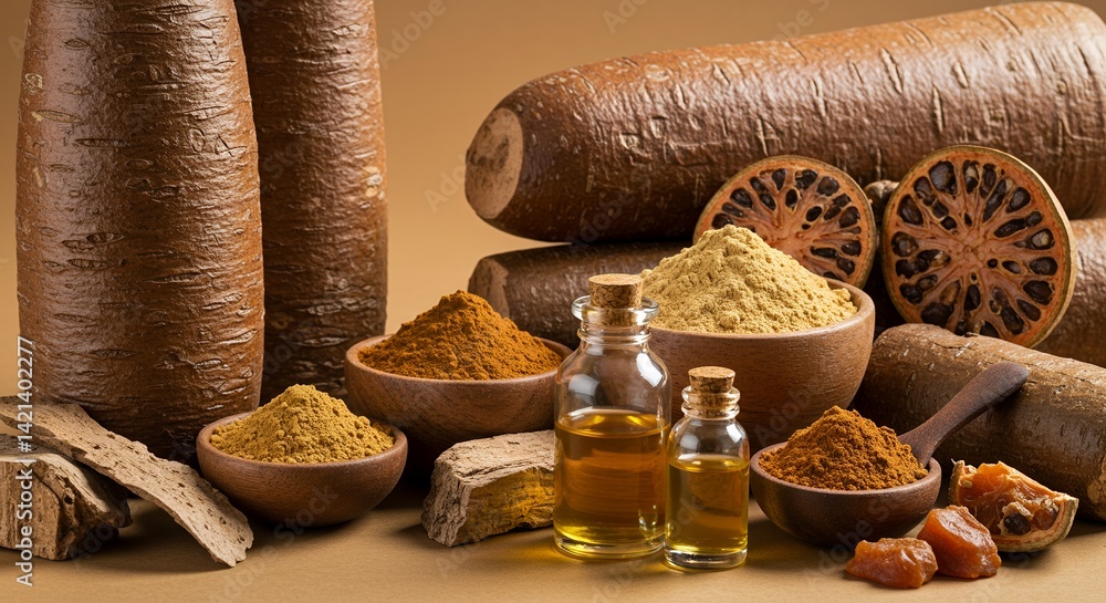 Poster baobab tree derivatives display with trunk texture powders and oils in bowls and bottles against a w