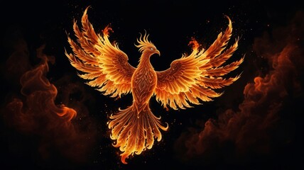 Glowing phoenix rises from embers on black background. Radiant smoke forms bird fiery wings.