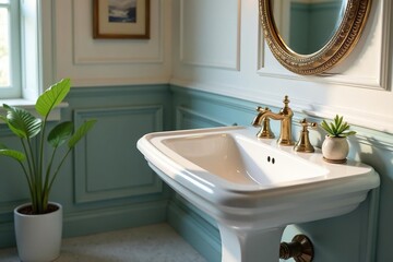 Elegant white porcelain pedestal sink in a classic powder room , powder room, interior, plumbing
