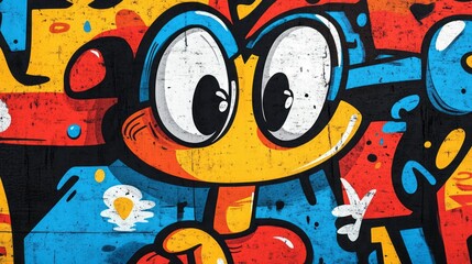 Colorful cartoon character with large eyes against a graffiti background