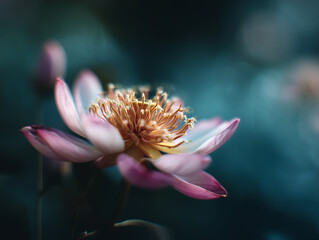 Macro view of a blooming lotus flower bathed in soft light