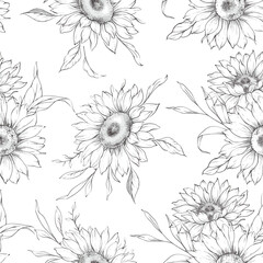 Floral seamless pattern with Sunflowers. Sunflowers background. Sunflower pattern. Sunflower hand drawn line art design. Elegant seamless background minimalist style