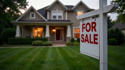 A home is advertising a for sale sign on a wooden sign post in red. Use it for a housing market concept