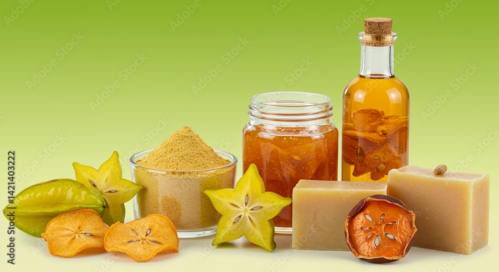 Poster carambola derivative product display featuring star fruit soaps and jam with soft green backdrop hig