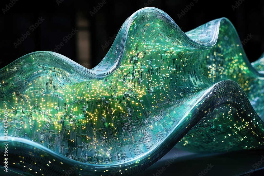 Poster A flowing, translucent sculpture with embedded circuitry, representing the dynamic nature of data and technology.