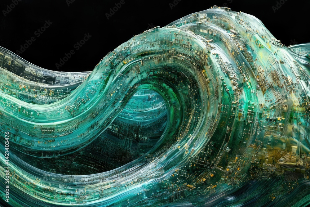 Poster Abstract artwork depicting a wave formed from circuit boards, symbolizing the flow of data and technology.
