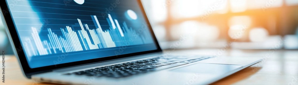Poster modern laptop with financial stock market graph and data analysis on screen in a bright office envir