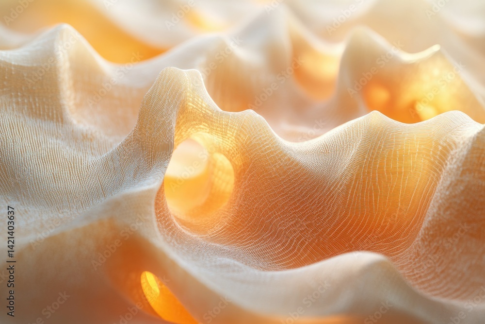 Fototapete Abstract image of a flowing, translucent fabric with warm lighting, creating a soft, undulating texture.