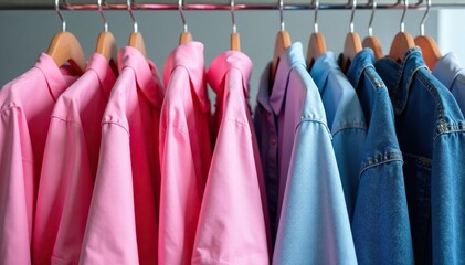 Neatly organized pink shirts and blue jeans on a clothing rack, store, shopping, jeans