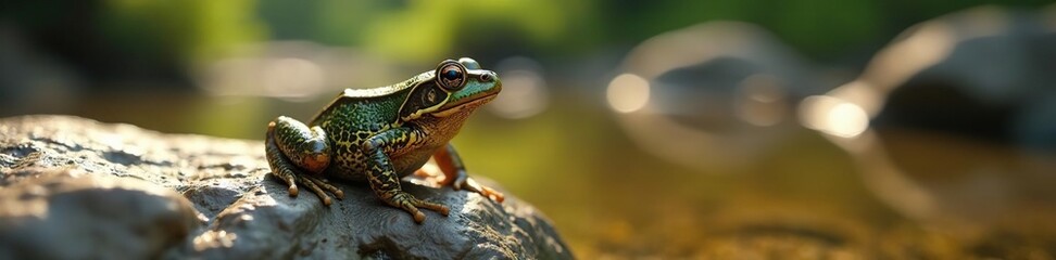 Obraz premium Perfectly blended toad on slick river rock, dappled sunlight , camouflage, disguise
