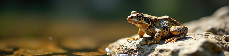 Fototapeta premium Perfectly blended toad on slick river rock, dappled sunlight , element, texture, fauna