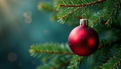 Fototapeta premium Red bauble hangs on richly textured fir branches , pine, background, detail