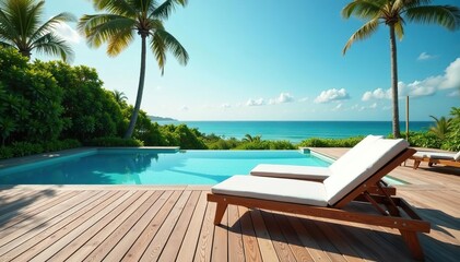 Relaxing poolside lounge chairs on wooden deck, relaxation, furniture